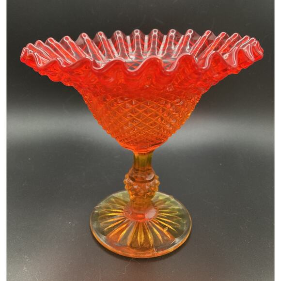 Fenton? Amberina Red / Orange Art Glass Ruffle-Edge Pedestal Bowl - Ornate Dish - Picture 8 of 12